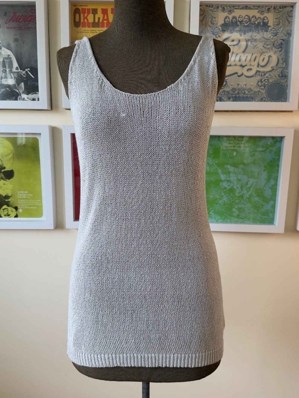 Vintage Y2K Silver Metallic Knit Mini Dress | Minimalist Shimmer Throwover